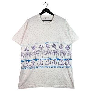Vintage Tropical Sailboat Palm Tree Print T-Shirt XL